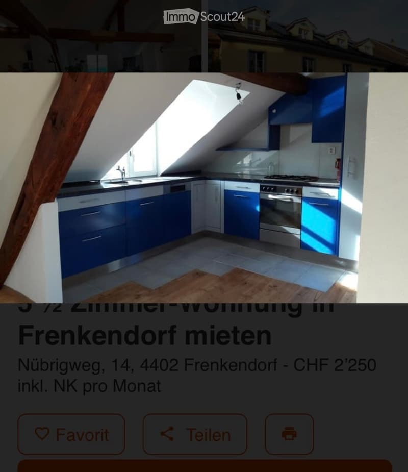 Modern kitchen with blue cabinets, stainless steel appliances, and a skylight window providing natural light.
