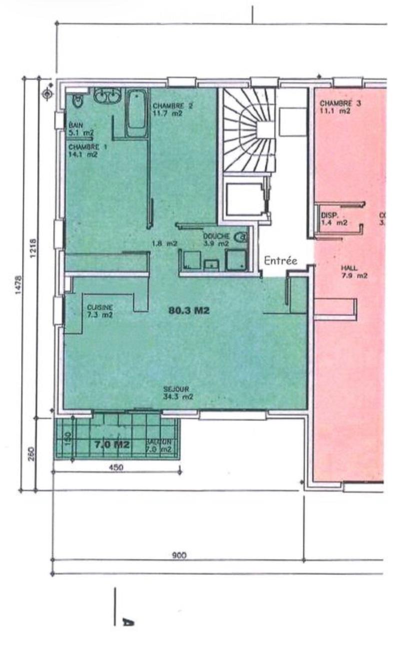 Floor plan showing a living area, three bedrooms, a bathroom, a kitchen, and a hallway.