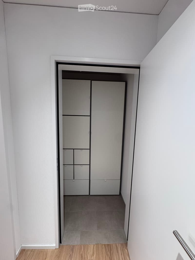 A narrow hallway with light-colored walls and a wooden floor leading to a closet with white sliding doors.