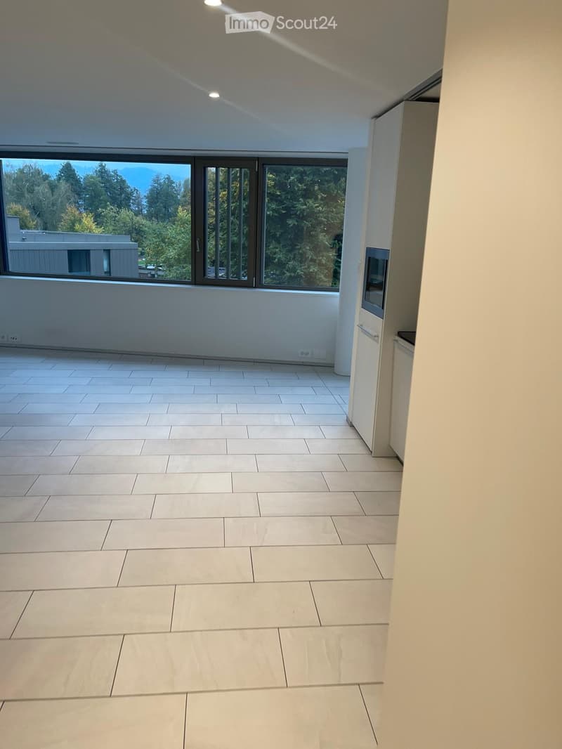 Empty room with tiled floor, large windows, and a small cabinet visible on the right side.