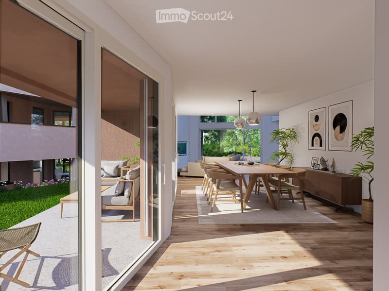 Modern living and dining area with light wood flooring, large windows, a sofa, dining table with chairs, pendant lights, and decorative plants.