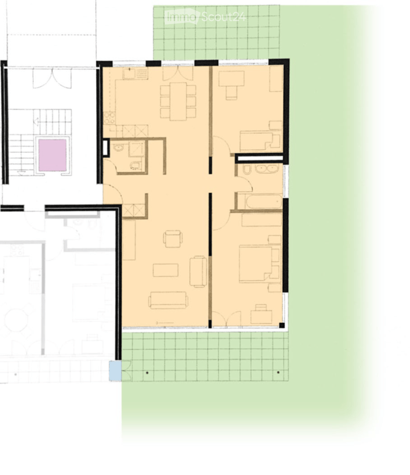 Floor plan of a two-story house with living room, dining area, kitchen, three bedrooms, two bathrooms, and a balcony.