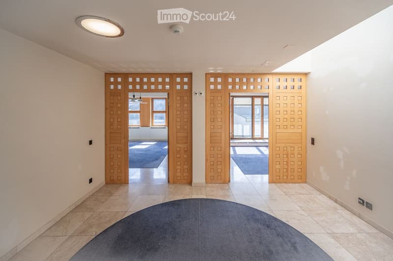 Modern hallway with light-colored walls, tiled floor, and decorative wooden doors leading to other rooms. Features recessed lighting and a round blue rug in the foreground.