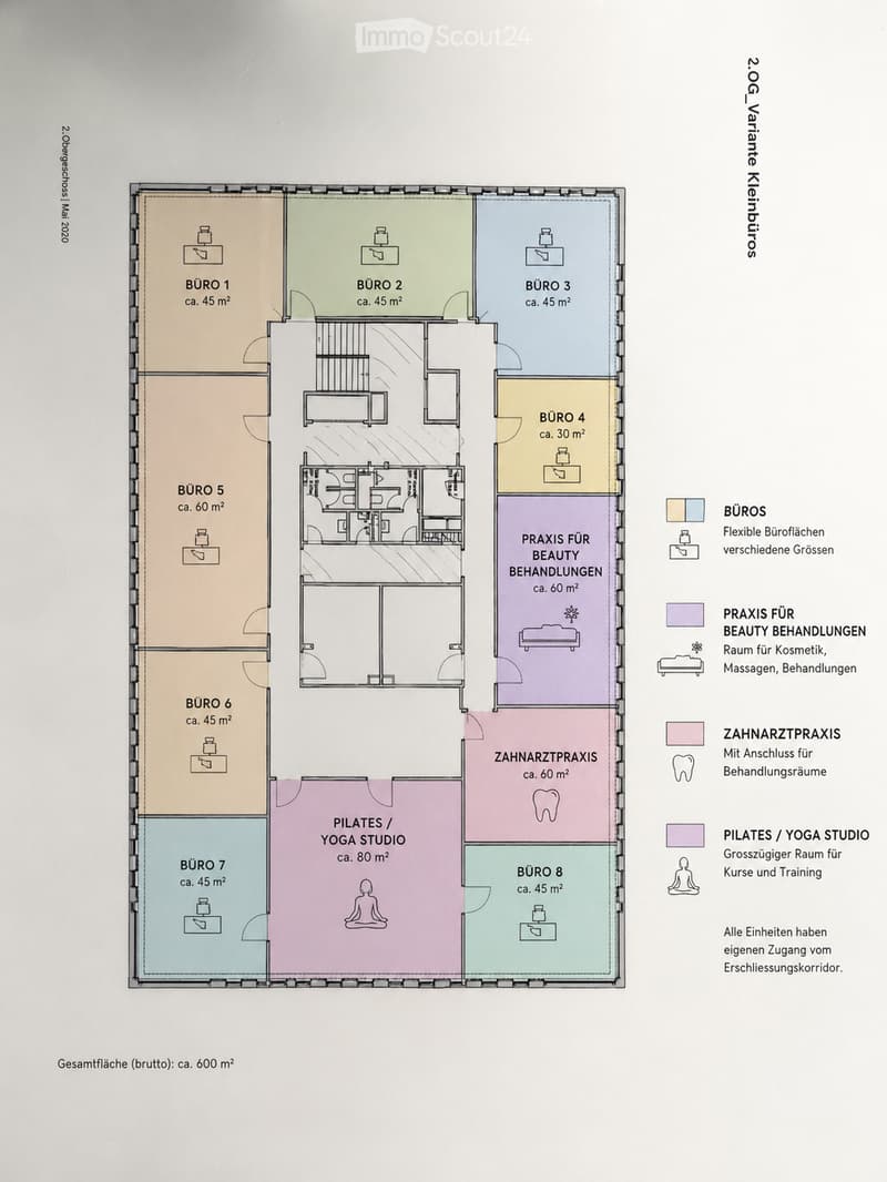 Floor plan showing eight offices, a beauty treatment room, a dental practice, and a Pilates/Yoga studio, each with individual access from a corridor.