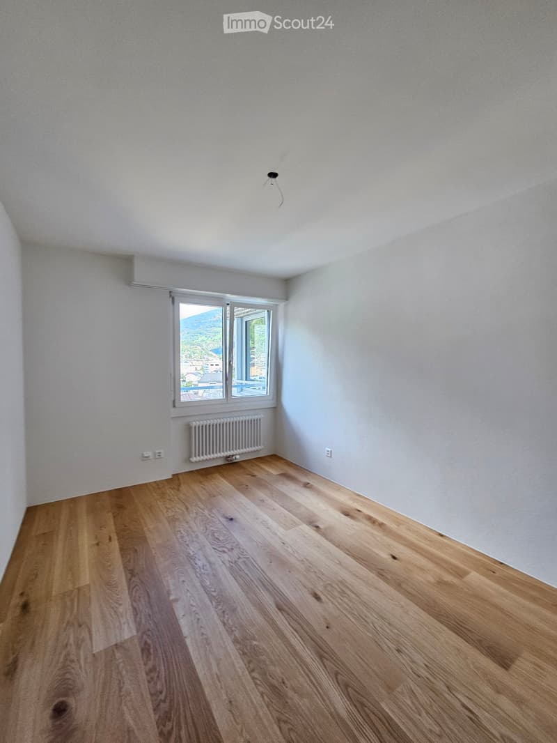 empty room, white walls, wooden floor, window with view, white radiator