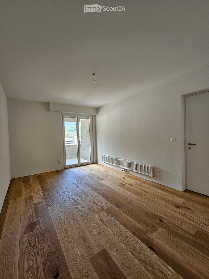 empty room, wooden floor, sliding glass door, balcony, white walls, white radiator