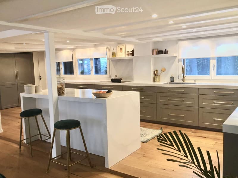 Modern kitchen with a white island, two stools, grey cabinets, and a sink. The island has a bowl on top, and there are framed pictures and a plant in the background.