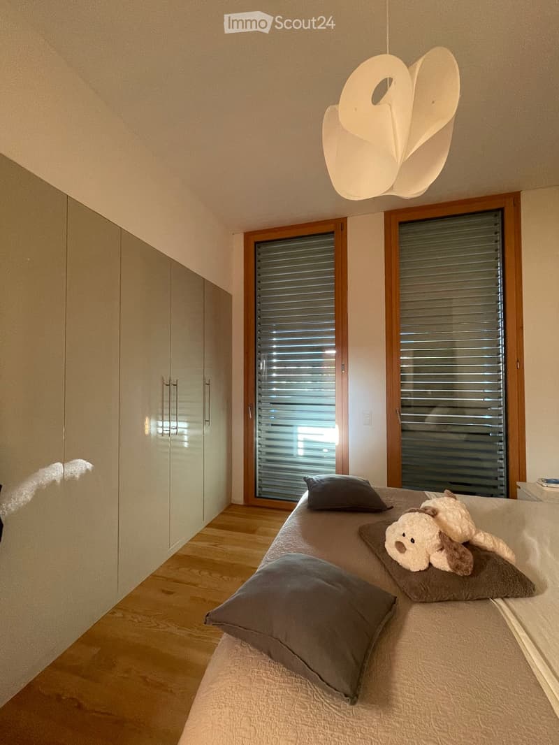 Modern bedroom with a large bed, pillows, a stuffed animal, and built-in wardrobes. The room features wooden flooring and large windows with blinds.