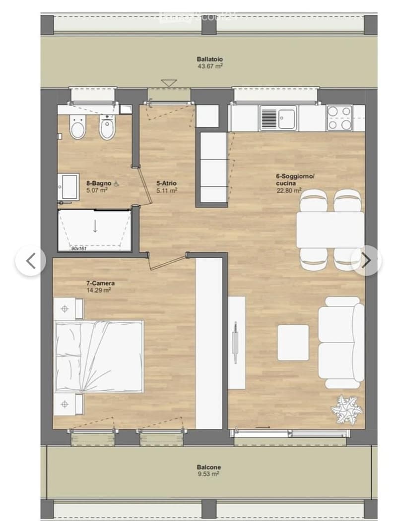 Layout includes a living room, kitchen, bedroom, bathroom, hallway, and balcony.