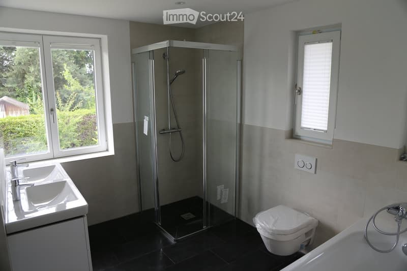 Bathroom with glass shower enclosure, sink, and toilet. The room has a window overlooking the garden.