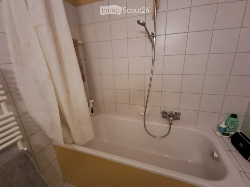 Bathroom with a bathtub, showerhead, faucet, towel, bottle, and radiator.