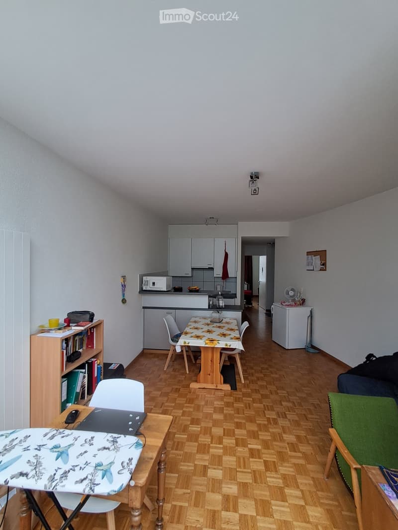 A cozy, well-furnished room with wooden flooring, a dining table with chairs, a bookshelf, a laptop on a small table, a sofa, and a small kitchen area with cabinets and appliances.