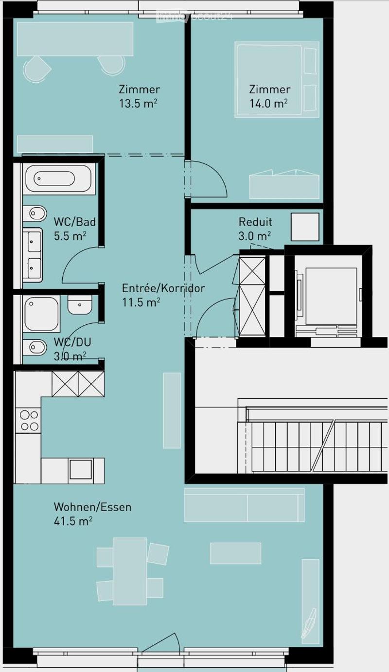 Floor plan of a 2-room apartment with a living/dining area, two bedrooms, two bathrooms, and a hallway.
