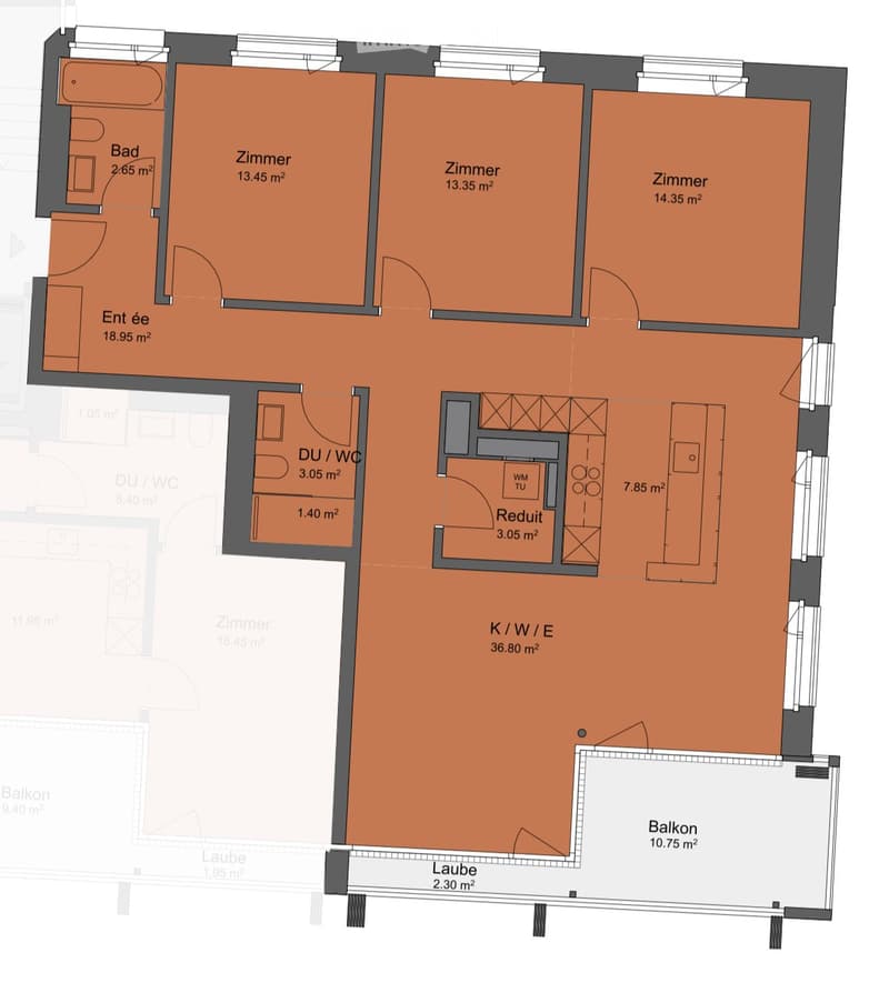 Floor plan showing a layout with multiple rooms including a kitchen, living area, bedrooms, bathrooms, and a balcony.