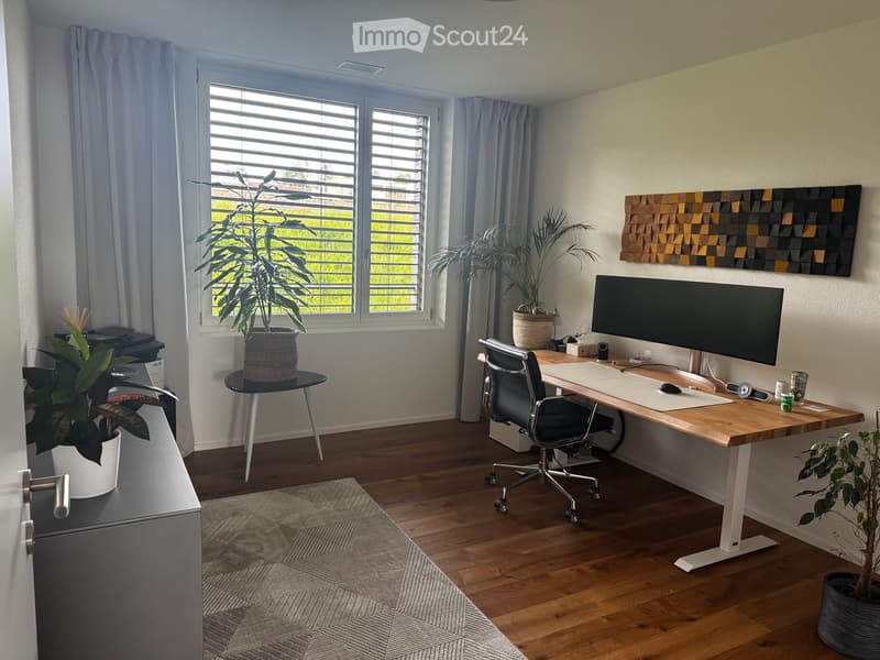 Modern, well-lit home office with wooden flooring, large window with blinds, grey curtains, and a large abstract art piece on the wall. Features a standing desk with a computer screen, ergonomic chair, and several potted plants.