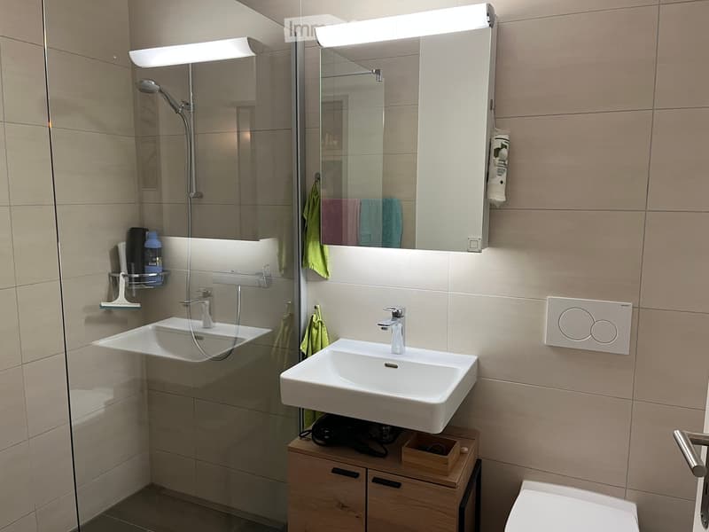 Modern bathroom with two sinks, a large mirror with built-in lighting, a glass-enclosed shower, and a wooden cabinet with drawers.