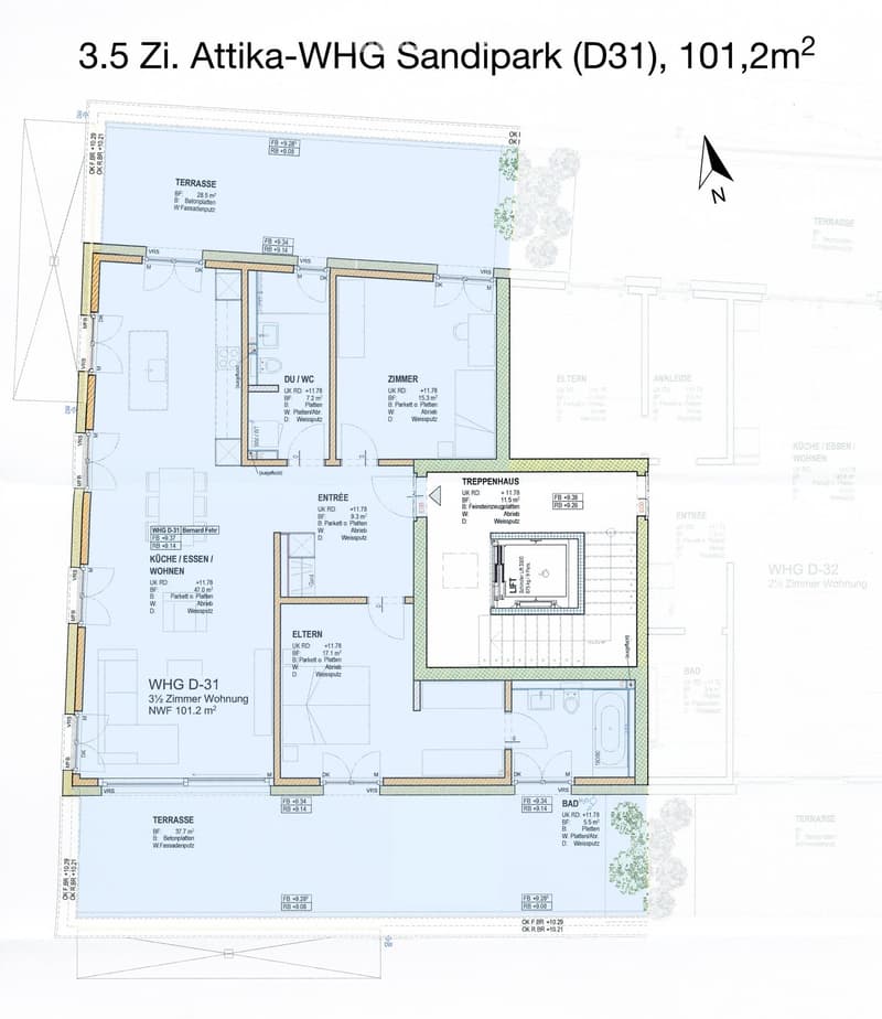Floor plan of a 3.5-room apartment in Attika-WHG Sandipark (D31), 101.2 m². Includes living room, kitchen, bedroom, bathroom, entrance, staircase, and terrace.