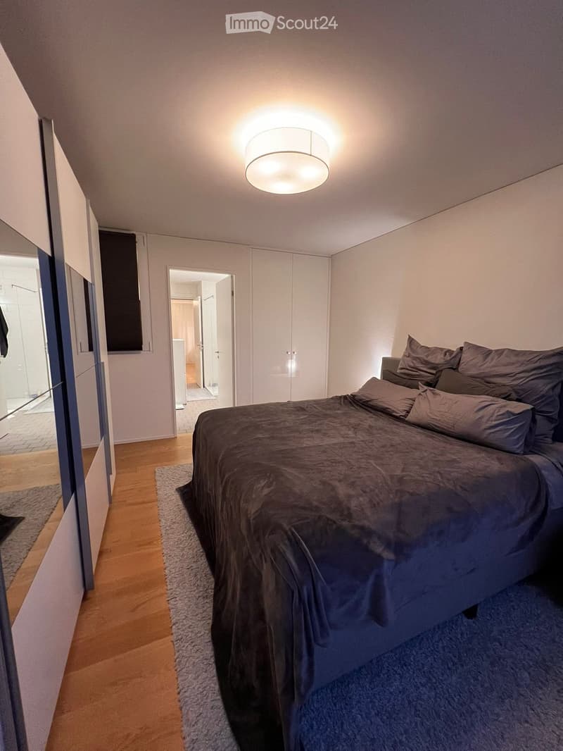 Modern bedroom with a large bed, grey bedding, a round ceiling light, a built-in wardrobe, and a mirror on the left side.