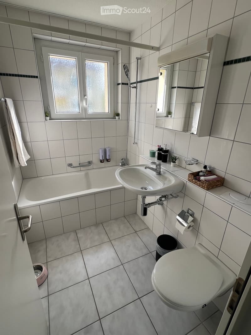 Modern bathroom with white tiles, bathtub, sink, toilet, mirror, towel, and small plants on the windowsill.