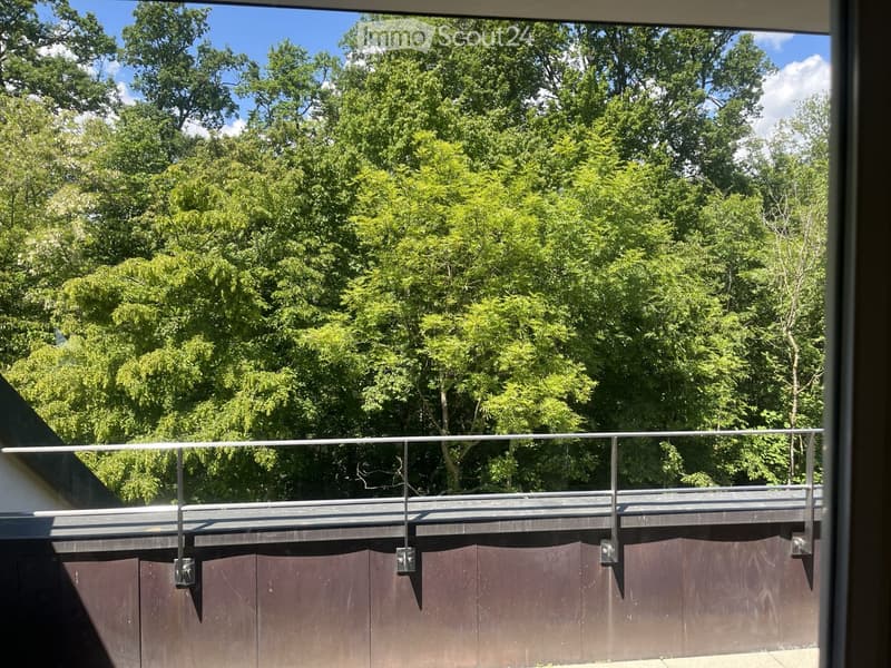 Balcony with a modern metal railing, overlooking a lush green garden with tall trees.