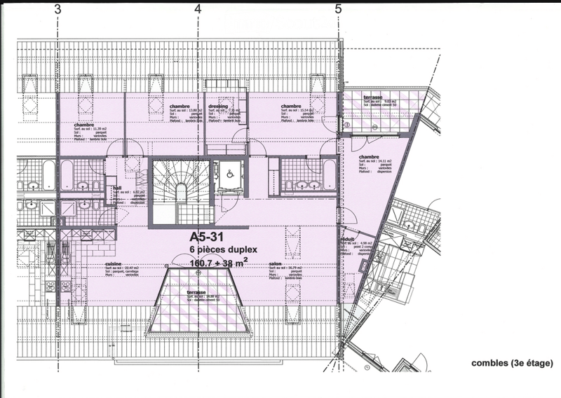 Floor plan of a 6-piece duplex apartment on the 3rd floor, featuring multiple bedrooms, a hall, a kitchen, a living room, and a terrace.