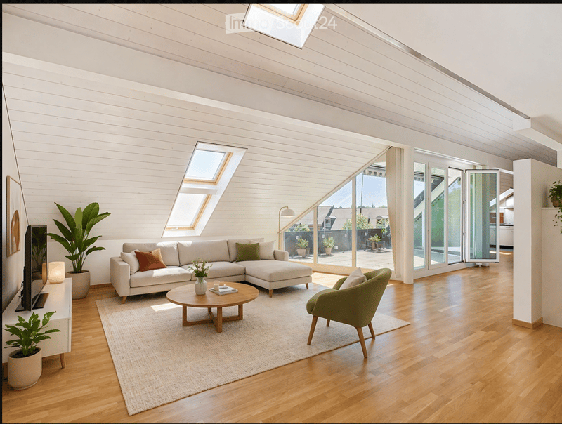 Bright living room with wooden floors, white shiplap walls, skylights, large windows, and a view of the outdoors. Features a beige sectional sofa, coffee table, armchair, floor lamp, TV, and plants.
