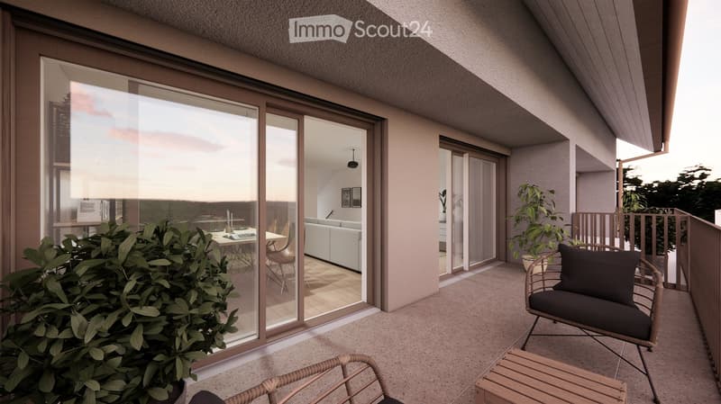 Modern balcony with large glass sliding doors, wicker chairs, small wooden table, and indoor living space visible through the doors.