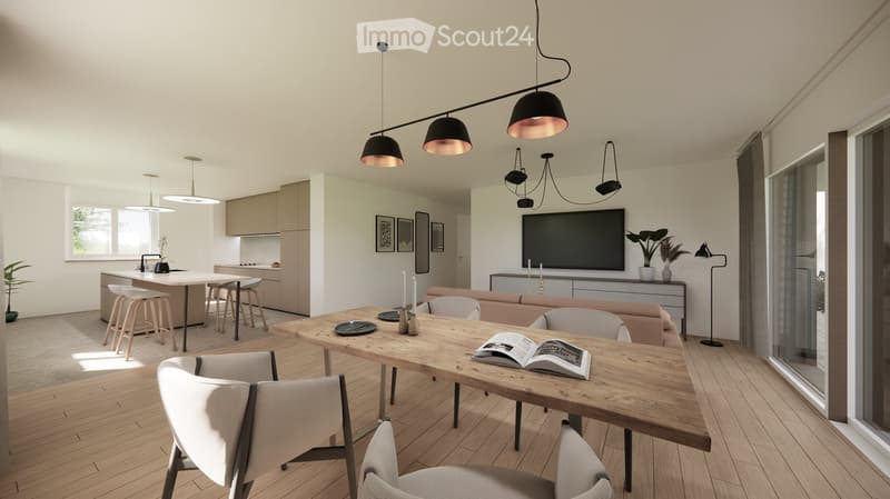 Modern open-plan living and dining area with a wooden dining table, light-colored chairs, a sofa, a kitchen island with stools, pendant lights, and a television mounted on the wall.