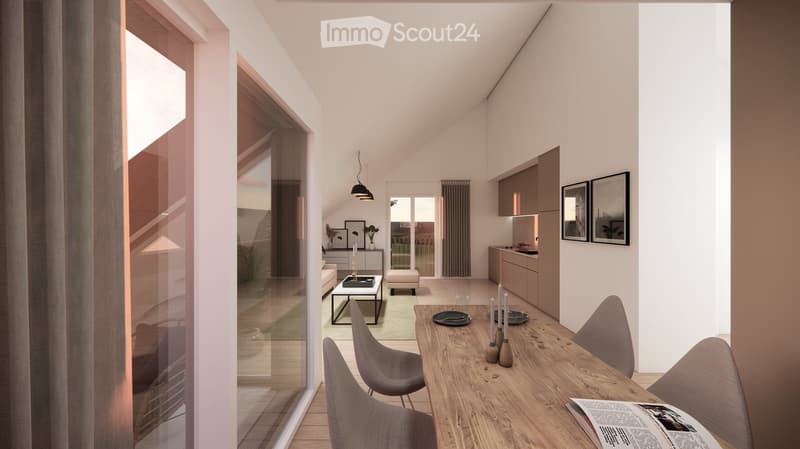 Modern, open-concept living and dining area with large windows, a sofa, coffee table, dining table with chairs, kitchen cabinets, and decorative items.