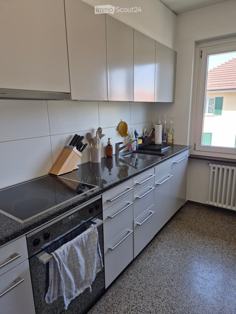 Modern kitchen with white cabinets, granite countertop, induction stove, oven, sink, and various kitchen utensils.
