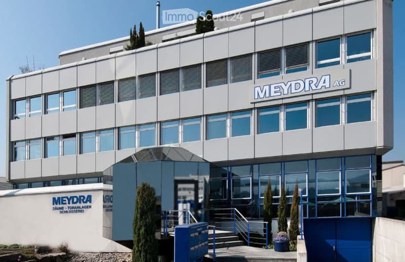 Modern multi-story building with large windows and the sign "MEYDRA AG" on the facade. The entrance features a blue staircase leading up to glass doors, flanked by small evergreen trees and a flower pot.