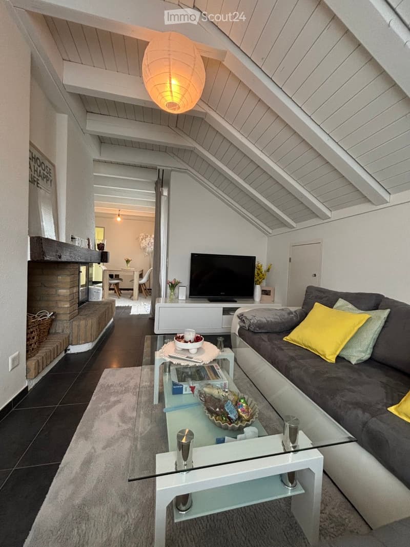 Modern living room with a slanted wooden ceiling, a grey sofa with colorful cushions, a glass coffee table, a fireplace, and a television on a white stand. The room features a cozy rug and a small dining area visible in the background.