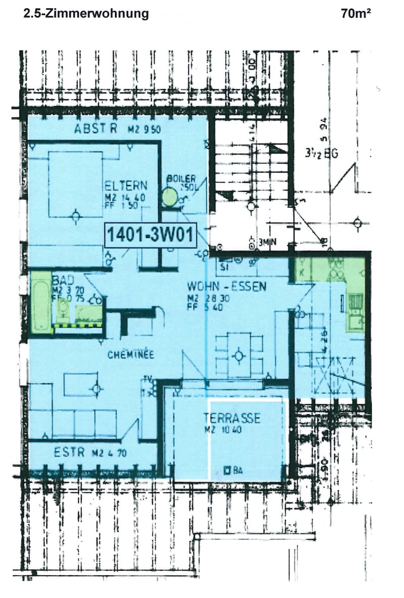 Floor plan of a 2.5-room apartment with 70m², including living-dining area, bedroom, bathroom, hallway, and terrace.