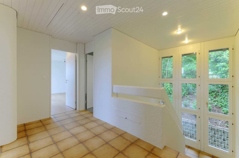 empty room, white walls, tiled floor, white ceiling, balcony, large windows