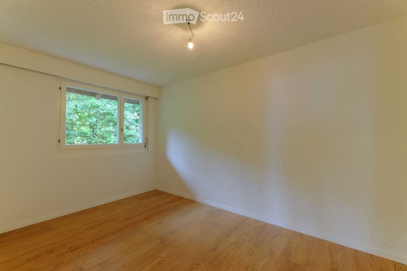 empty room, white walls, wooden floor, window with view to trees