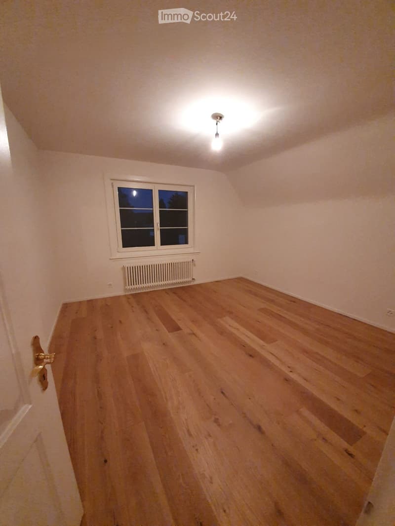 Empty room with wooden flooring, white walls, a window with a radiator below, and a single ceiling light fixture.