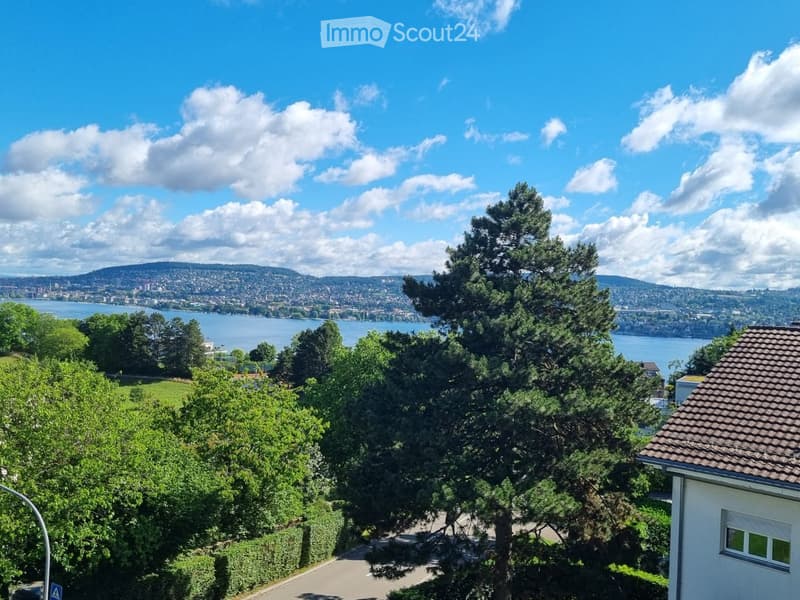 A scenic outdoor view from a balcony or terrace, showing a lush green garden, trees, a road, and a distant body of water with a cityscape in the background under a partly cloudy sky.