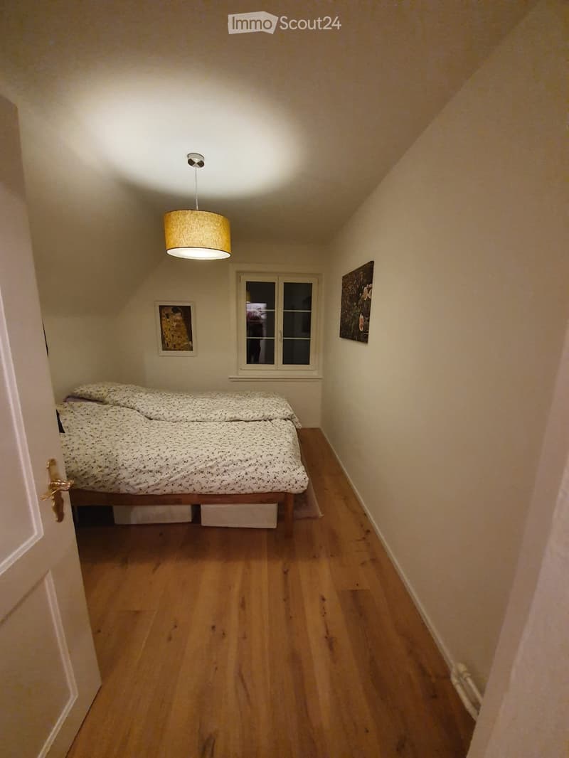 Cozy bedroom with wooden flooring, a single bed with patterned bedding, a pendant light fixture, and two picture frames on the walls.