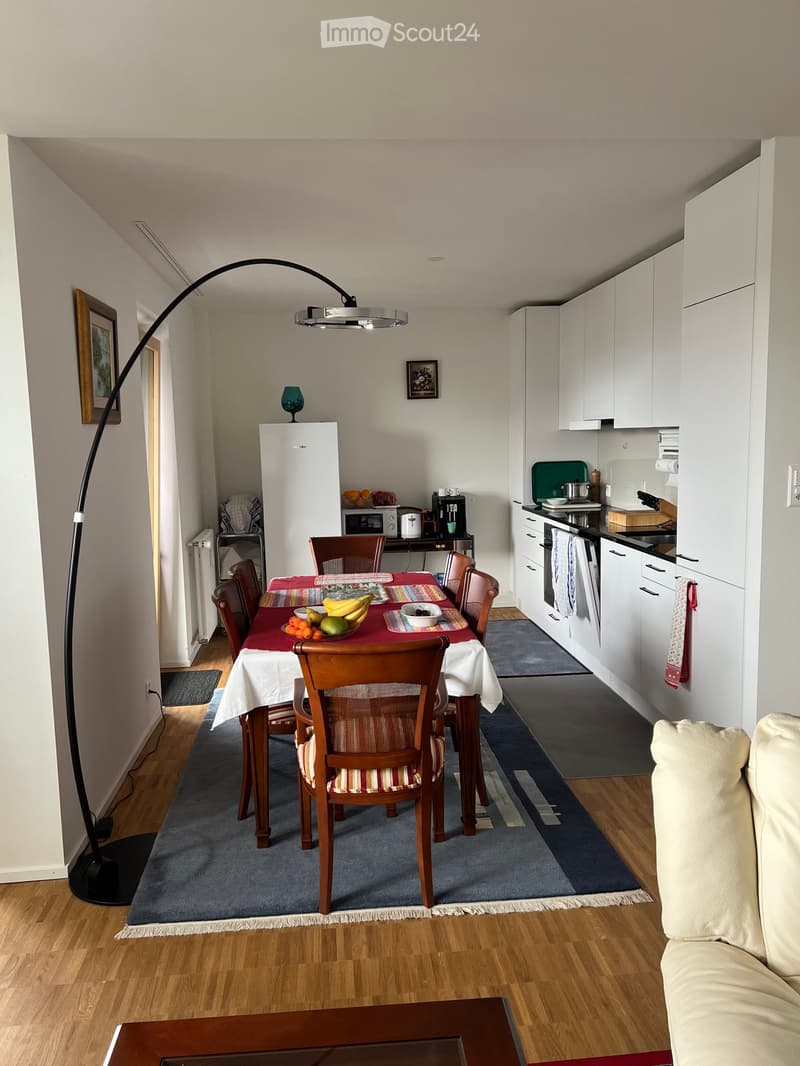 A modern, open-plan kitchen and dining area with white cabinets, a dining table with chairs, a refrigerator, microwave, and a floor lamp. The space features wooden flooring and a blue rug under the dining area.