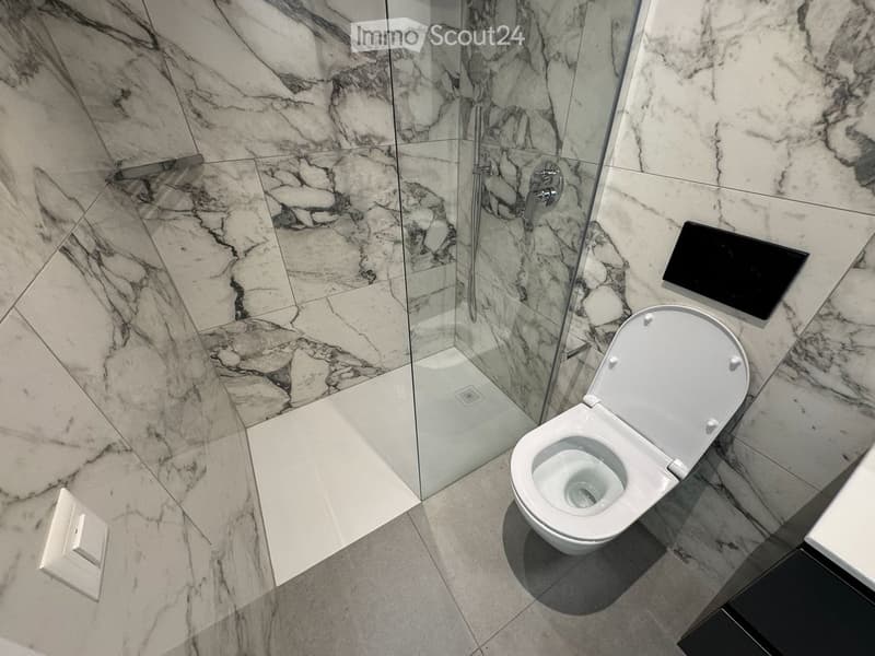 Modern bathroom with marble walls and floor, featuring a toilet and a glass-enclosed shower stall.