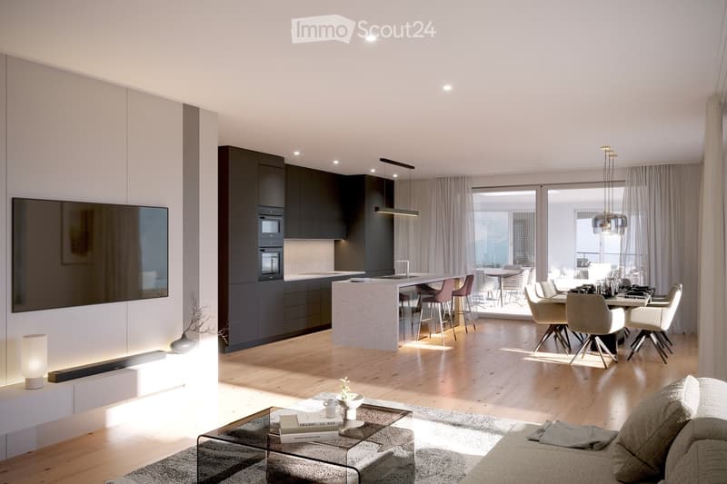 Modern open-plan living and dining area with a grey sofa, coffee table, dining table with chairs, kitchen island, and sleek kitchen cabinets.