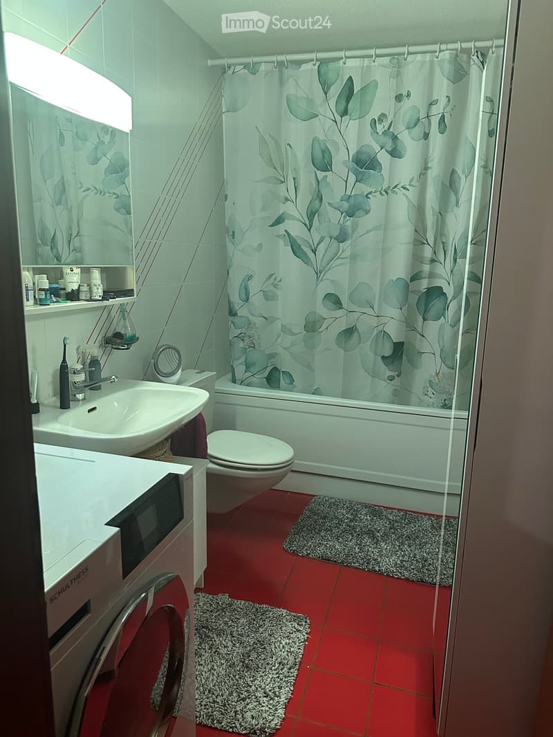 Bathroom with red tiled floor, white sink, toilet, bathtub with leaf-patterned shower curtain, and a washing machine. Includes a small shelf with toiletries and a mirror above the sink.