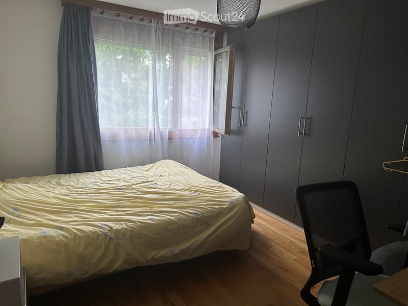 Modern bedroom with a large bed, grey wardrobe, wooden floor, and a window with sheer curtains.