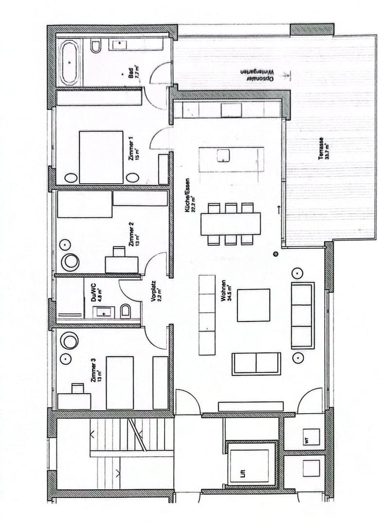 Floor plan of a 3-bedroom apartment with a living room, kitchen, bathroom, and terrace.