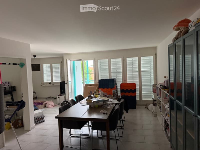 Bright room with large windows and shutters, a wooden table surrounded by chairs, a TV screen, and a cabinet with shelves.