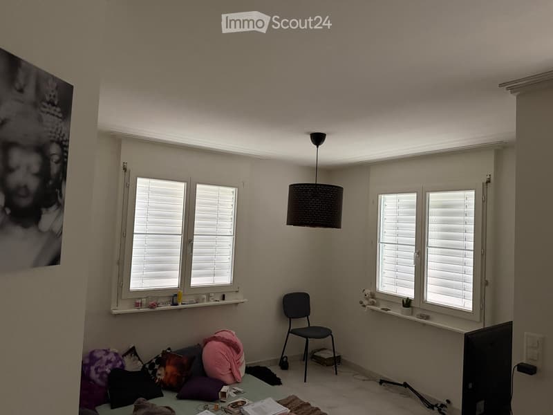A small, furnished room with a chair, a pendant light, a screen, pillows, a table, a cushion, a plant, and a toy. The room has large windows with blinds and a shelf with various items.