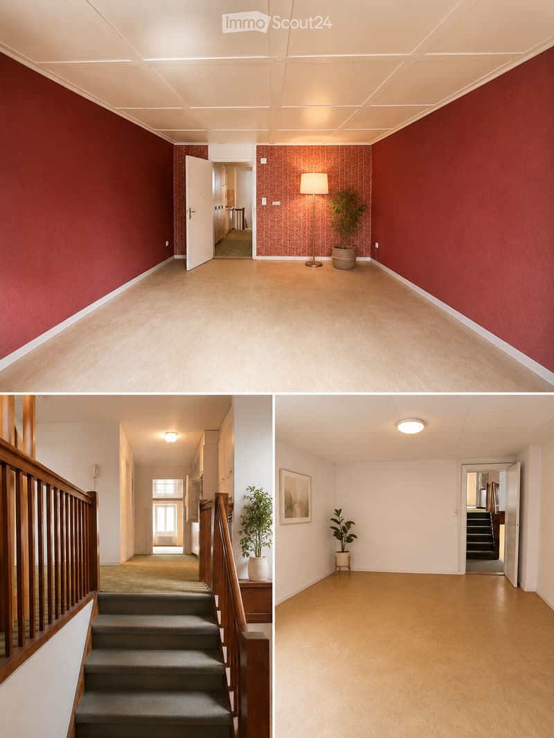 A series of hallway and corridor images showing clean, well-lit spaces with wooden floors, patterned wallpaper, and minimal furnishings including a potted plant and a staircase with wooden railings.