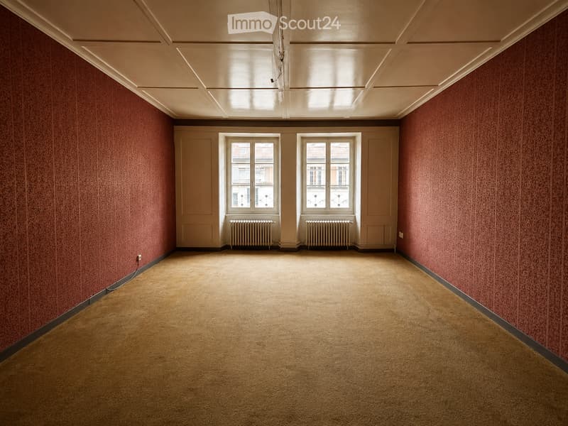 Empty room with red patterned wallpaper, beige carpet, two windows with radiators, and a white ceiling with recessed lighting.