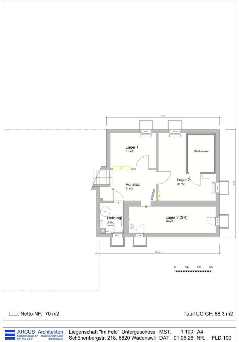 Underground floor plan showing three storage areas (Lager 1, Lager 2, Lager 3), a kitchen area (Kühlkammer), a heating room, and an entrance area (Vorplatz).