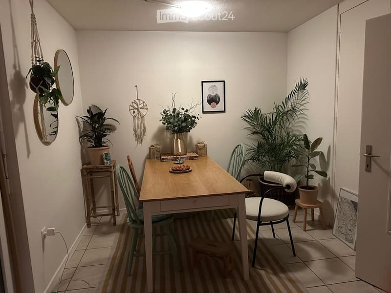 A small, well-lit room with a wooden table, chairs, a stool, a mirror, plants, and decorative items.